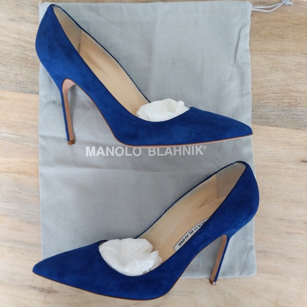Manolo Blahnik Suede Point Toe Pumps cobalt BB105 - Picture 1 of 8